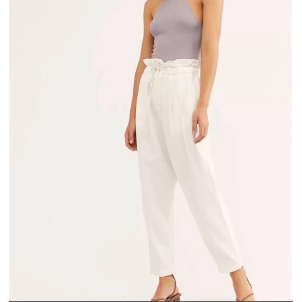 Free People Margate Pleated White Cotton Paperbag Trouser Pants Coastal Resort